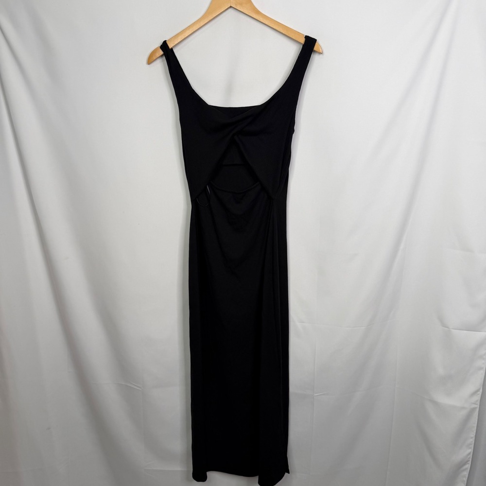 Nine Britton Black Ribbed Square Neck Twist Back Cutout Midi Dress Medium NWT - Picture 7 of 9